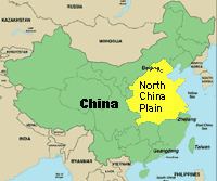 North China Plain with a yellow shade on the map of China