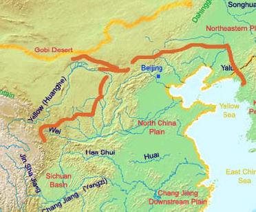 A map of the great wall of china of the Qin Dynasty. The red lines indicate the Qin era wall. The yellow line indicates the current border of China