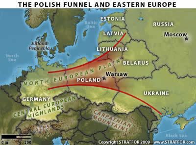 A map of the North European Plains showing the Polish Funnel as well as Eastern Europe.