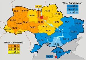 Results of the second round of presidential elections in Ukraine in 2004 showing region with the majority of the votes scored Viktor Yanukovych (marked in blue)