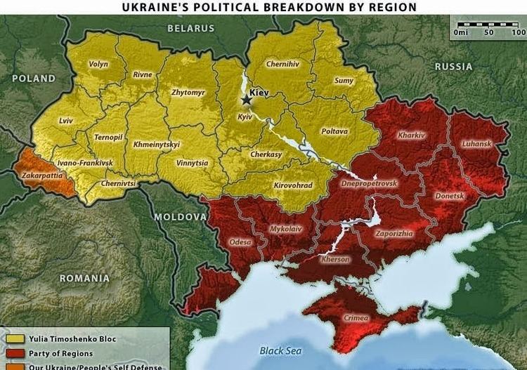 A map showing Ukraine’s oblast votes in the 2010 election (with red being pro-Russian)