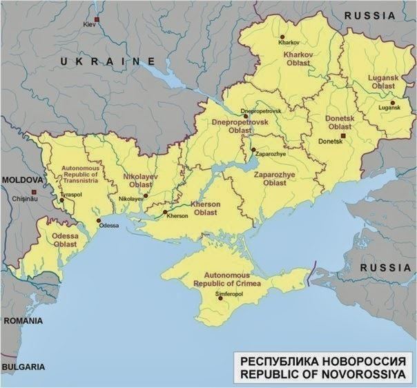 A concept map of a new republic made out of Ukrainian and Moldovan territories that would join the Russian Federation and would be called "The Republic of Novorossiya"
