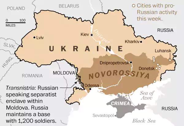 A map showing cities with pro-Russian activities