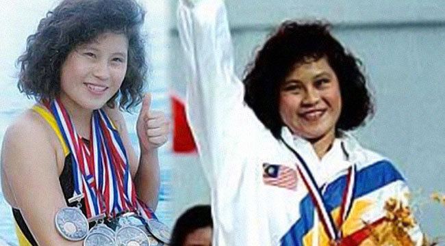 On the left, Nurul Huda Abdullah smiling while giving a thumbs up and wearing a lot of medals. On the right, she is waving her hand