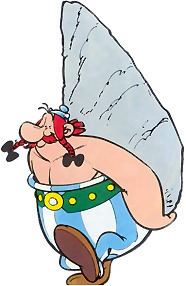 Obelix smiling while carrying a big rock