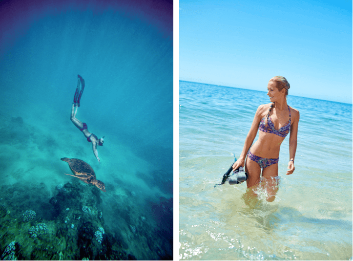 On the left, Ocean Ramsey is swimming with a turtle. On the right, Ocean Ramsey wearing a colorful two-piece at the beach.