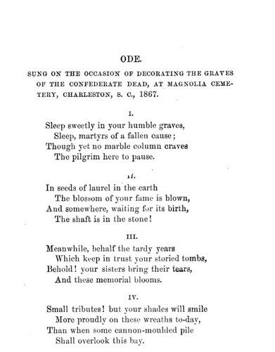 Ode: Sung on the Occasion of Decorating the Graves of the Confederate Dead at Magnolia Cemetery, Charleston, S.C., 1867