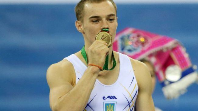 Oleg Vernyayev Ukrainian gymnast Oleg Vernyayev celebrates victory in parallel bars