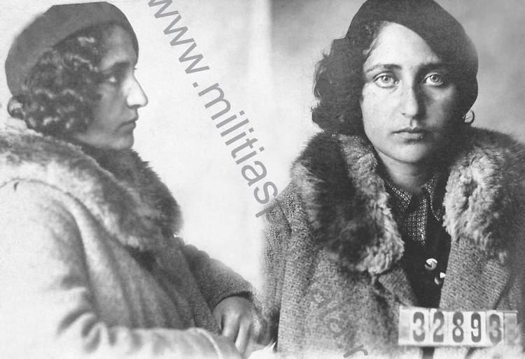 On the left, side-view of Olga Bancic wearing a hat and a coat. On the right, Olga Bancic with a serious face and wearing a fur coat.