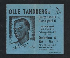 Olle Tandberg RARE 1941 pro debut Olle Tandberg boxing ticket boxer Sweden Suvio