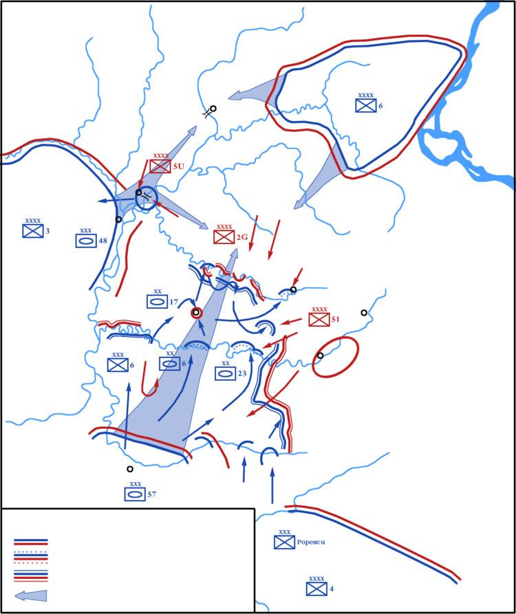 Organized courses (light blue arrows) and the actual attack movements for World War II