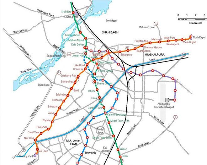 Orange Line (Lahore Metro) Punjab is showing the metro bus and orange train Lahore route with orange, blue-green, and sky blue colors