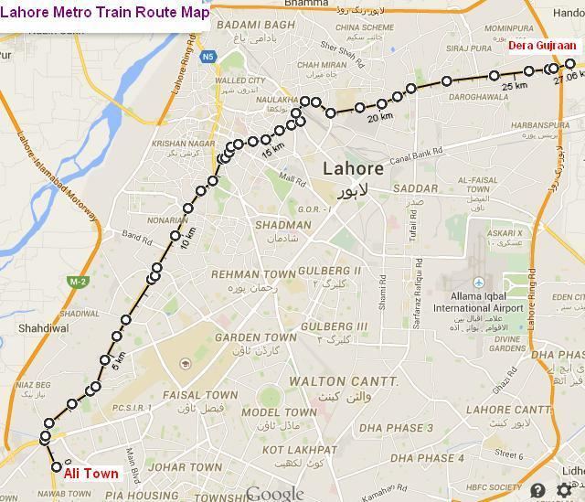 The Lahore Metro Train Route Map shows the train stations, where it passes by.