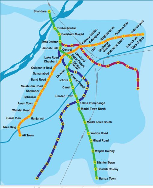 Orange Line (Lahore Metro) is a metro bus map, showing the different places with green, orange violet, and blue color.