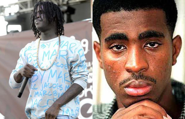 On the left, Chief Keef holding a microphone while performing on stage, with a serious face, dreadlock hairstyle, wearing a necklace, a white and blue sweatshirt, and blue jeans.On the right, Orlando Anderson with a serious face while his hand is on his chin, with a mustache and wearing a green and white checkered polo shirt.