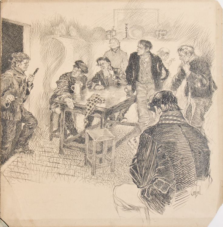 Orson Lowell Original drawing of a tavern scene depicting seven men an