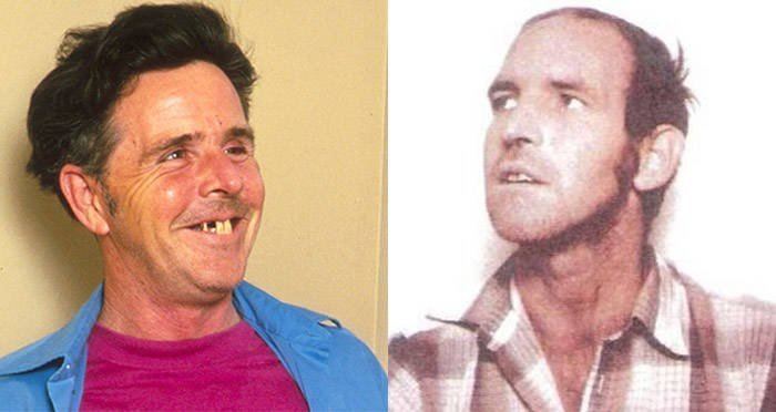 On left, Henry Lee Lucas. On right, Ottis Toole wearing a white and brown buttoned shirt.