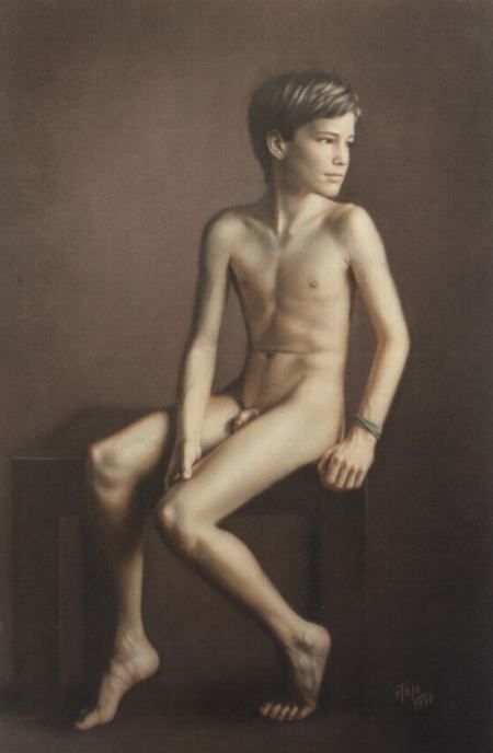 A painting by Otto Lohmuller featuring a naked boy showing his penis, wearing a wristband while sitting on a chair.