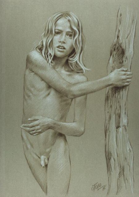 A painting by Otto Lohmuller featuring a naked boy showing his penis, with long blonde hair while holding a trunk.