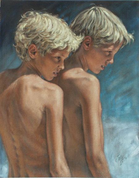 A painting by Otto Lohmuller featuring two naked boys with blonde hair.