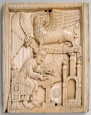 Ottonian art Evangelist Saint Mark writing the Gospel with his symbol the Lion