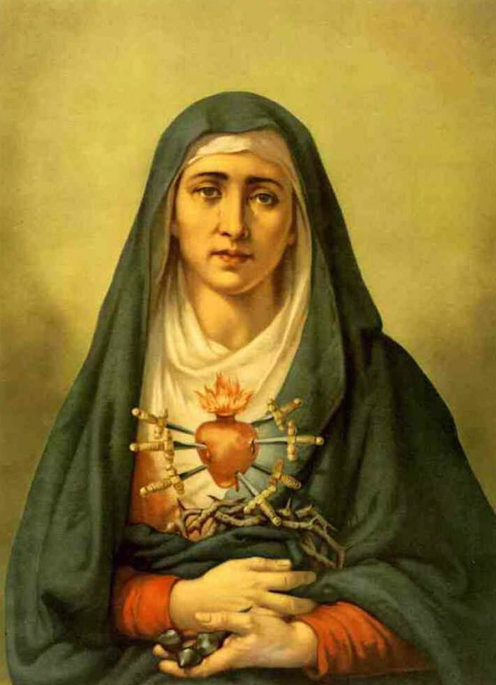 Portrait of Our Lady of Sorrows, the Blessed Virgin Mary with seven daggers pierced into her heart while wearing blue and white veil