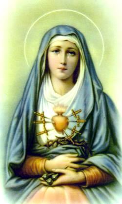 Portrait of Our Lady of Sorrows, the Blessed Virgin Mary with seven daggers pierced into her heart while wearing a blue and white veil