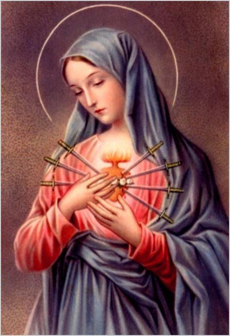 Portrait of Our Lady of Sorrows with seven daggers pierced into her heart while wearing a blue veil and red long sleeve dress