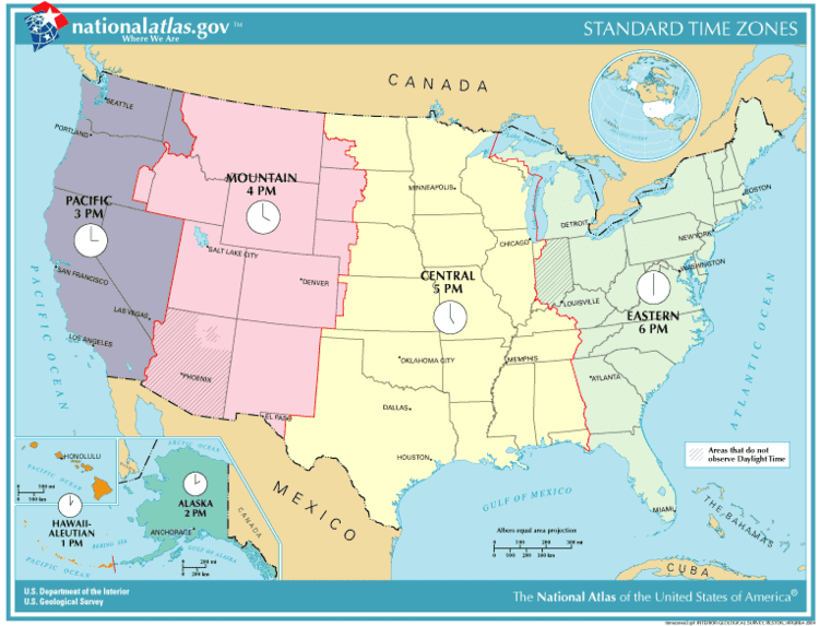 A map showing the U.S. time zones