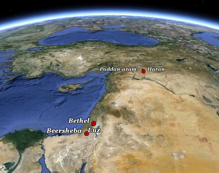 A globe map showing the location of Paddan Aram