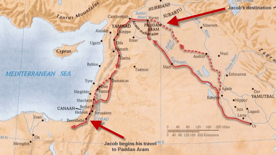 A map showing Jacob's journey through Paddan Aram in red line