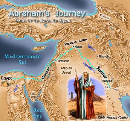 A map showing Abraham's journey in blue lines from Ur to Haran and passing Paddan Aram