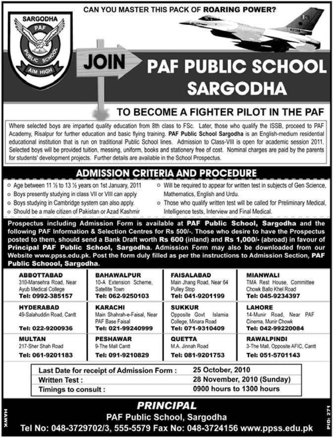 PAF Public School Sargodha Admissions Open in PAF Public School Sargodha 2017 Government