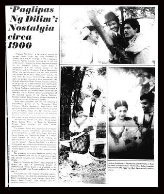 In the cover page drama Paglipas Ng Dilim, on the top photo is Jiggy Ver (left) smiling, has black hair, left hand on the tree, wearing white long sleeves, Bart Kavinta (middle) is smiling, has black hair, wearing a hat, white long sleeves under a black suit, Louie (right) mouth half opened, has black hair, right hand on his left shoulder, wearing white long sleeves. On the bottom left is Andrea Andolong (left)  seriously sitting down, has black hair, left hand on her right leg, wearing a white filipiniana top and skirt with black design on the collar, shoulder, and legs, Dodie Perata (right) is serious, looking at Andrea Andolong, has black hair, and wears white long sleeves, a black bowtie, and a black vest under a white suit and white pants.  On the bottom right is Andrea Andolong (left) smiling, has black hair, wearing a white filipiniana top with a black design on the collar, Dodie Perata (right) is smiling, looking at Andrea Andolong, has black hair, wearing white long sleeves under a black vest.