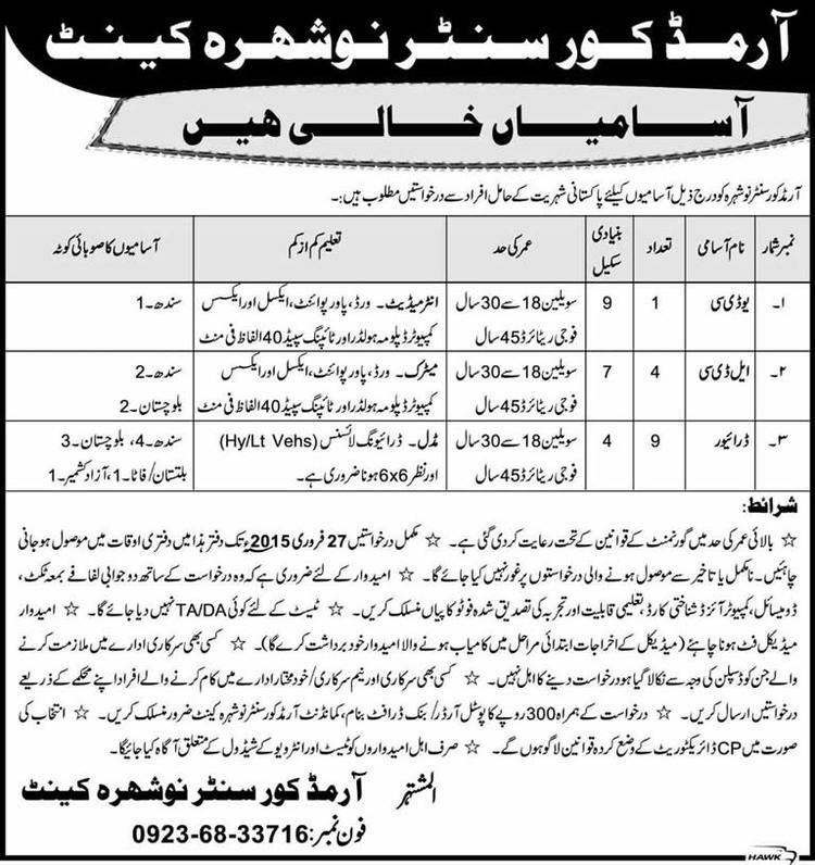 Pakistan Army Armoured Corps Pakistan Army Armoured Corps Centre Nowshera Cantt Jobs 2015
