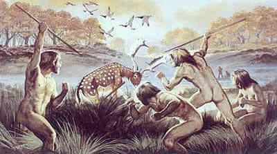 Artwork in the Paleolithic era showing how people hunt for their food
