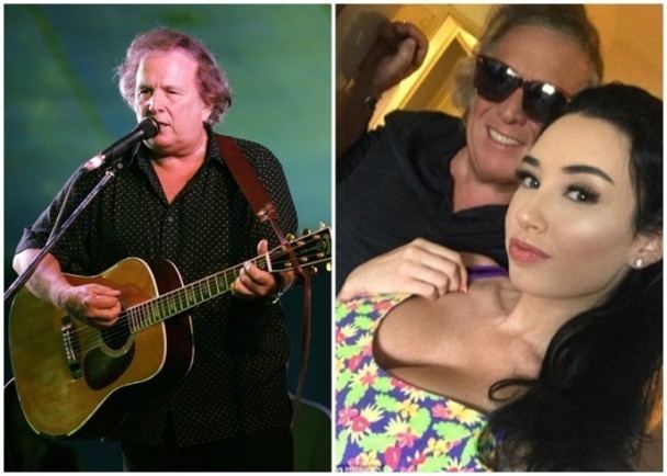 On the left, Don McLean singing and playing guitar while, on the right,  Paris Dunn and Don Mclean smiling together