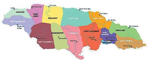 Map of administrative divisions of Parishes of Jamaica