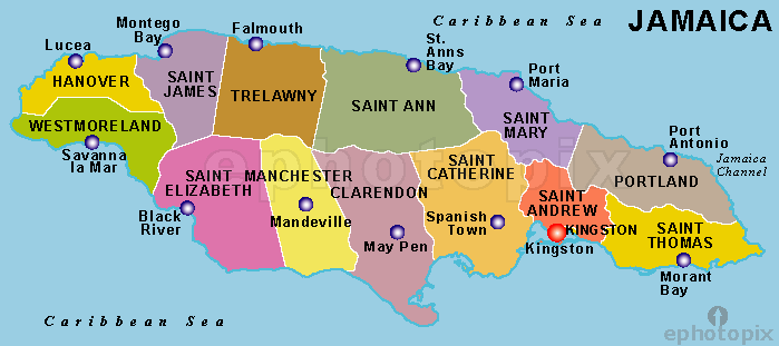 A map showing the names of the 13 Parishes in Jamaica.