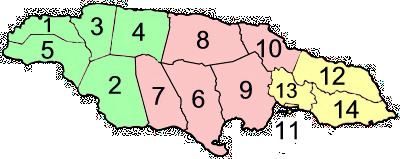 Map of administrative divisions of Parishes of Jamaica