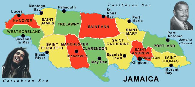 A map showing the names of the 13 Parishes in Jamaica with photos of Bob Marley and Marcus Garvey.