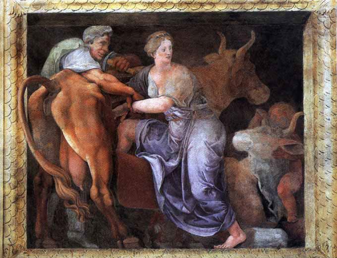 "Pasiphae entering the hollow cow" by Giulio Romano (15th century)