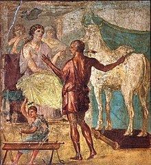 Daedalus presents the artificial cow to Pasiphaë: Roman fresco in the House of the Vettii, Pompeii, 1st century CE.