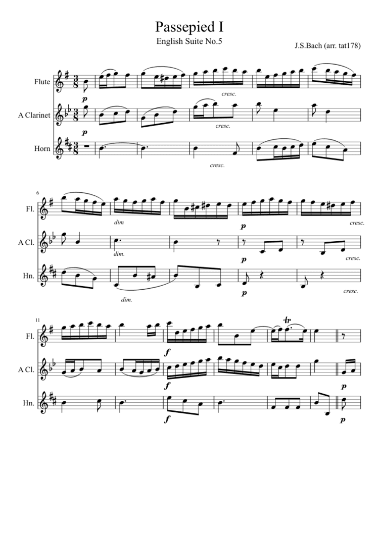 Passepied Passepied I from English Suite No5 JSBach MuseScore