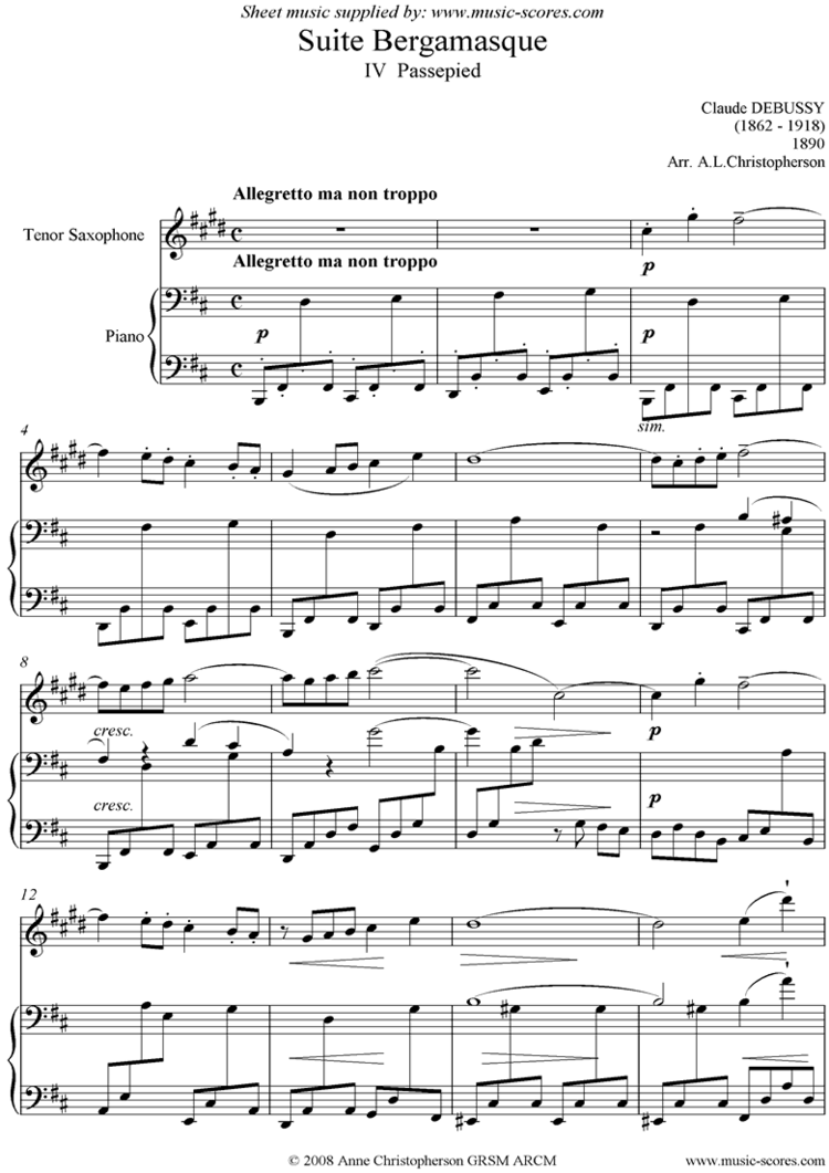 Passepied Suite Bergamasque 04 Passepied Tenor Sax sheet music by Achille
