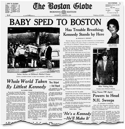 A clear version of The Boston Globe newspaper featuring the death of Patrick Bouvier Kennedy and Jacqueline Kennedy's child