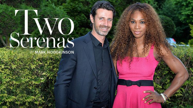 Poster featuring Patrick Mouratoglou wearing a black suit and black long sleeves while Serena Williams with curly hair and wearing a necklace, bracelets, and a pink dress with a black belt.