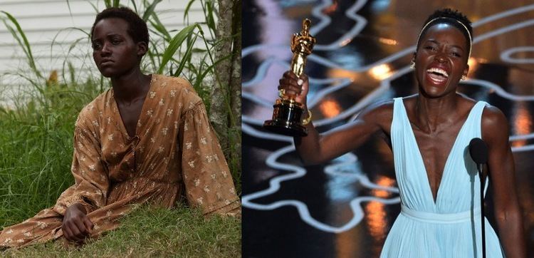 On the left, Lupita Nyong'o crying and looking afar while on the right, she is holding a trophy while wearing a blue sleeveless dress