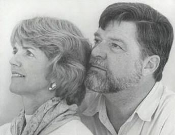 A drawing of Paul Churchland and Patricia Churchland smiling while looking afar