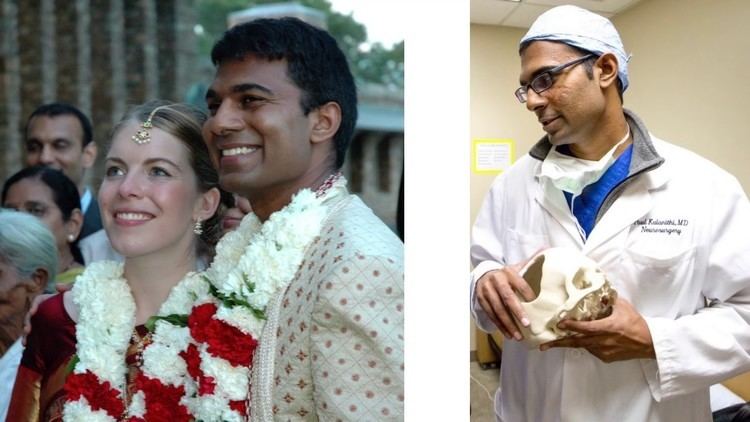 On the left, Paul Kalanithi smiling with Lucy Kalanithi while wearing garlands. On the right, Paul Kalanithi holding a skull